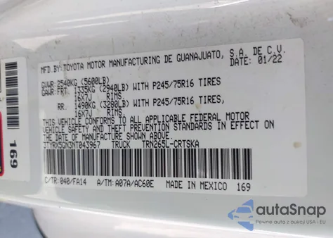 2022 Toyota Tacoma Sr z USA, uszkodzony, nr VIN 3TYRX5GN3NT043967